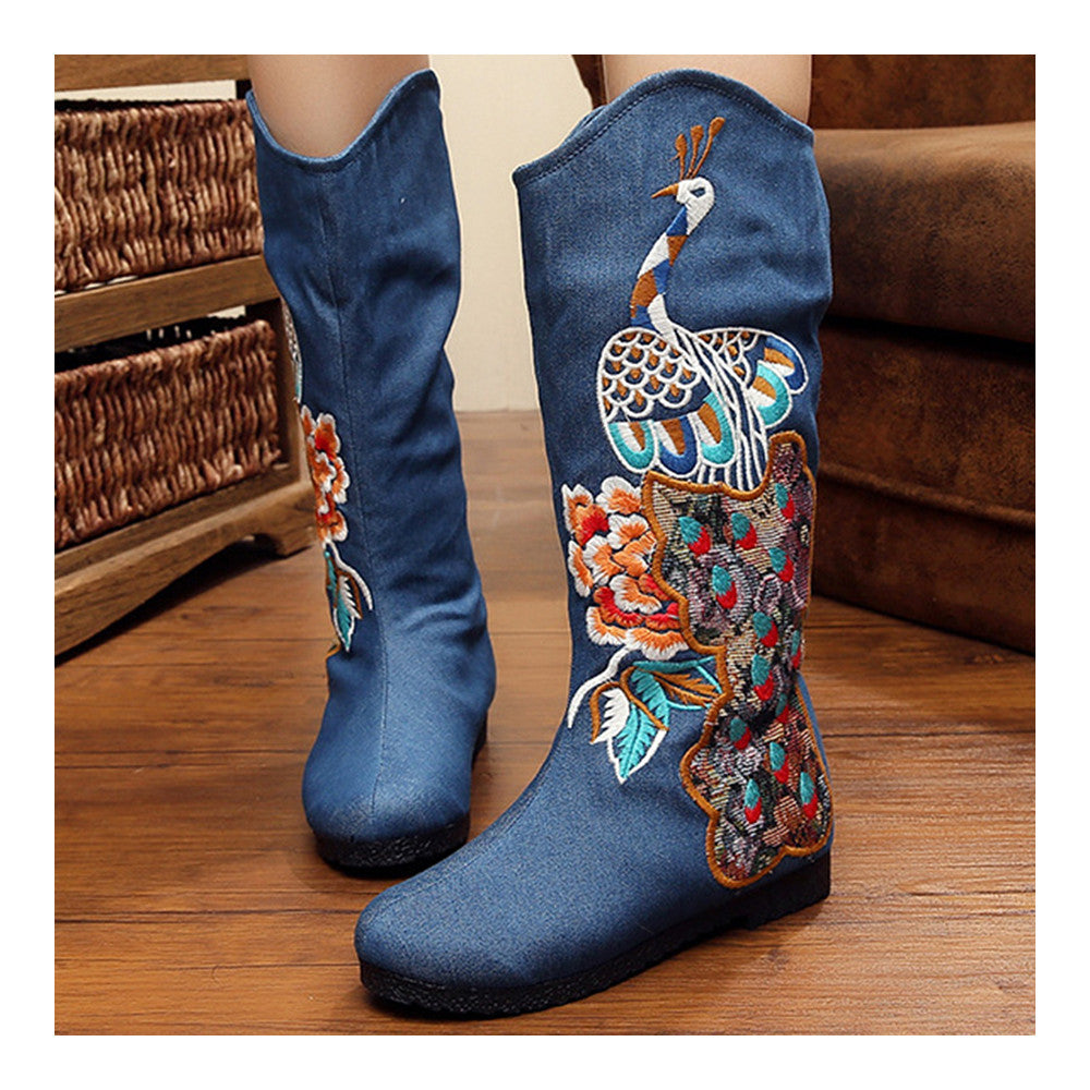 Peacock Vintage Beijing Cloth Shoes Embroidered Boots blue - Mega Save Wholesale & Retail - 3
