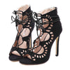 Suede Hollow Lace-up Thin High Heel Sandals  black - Mega Save Wholesale & Retail