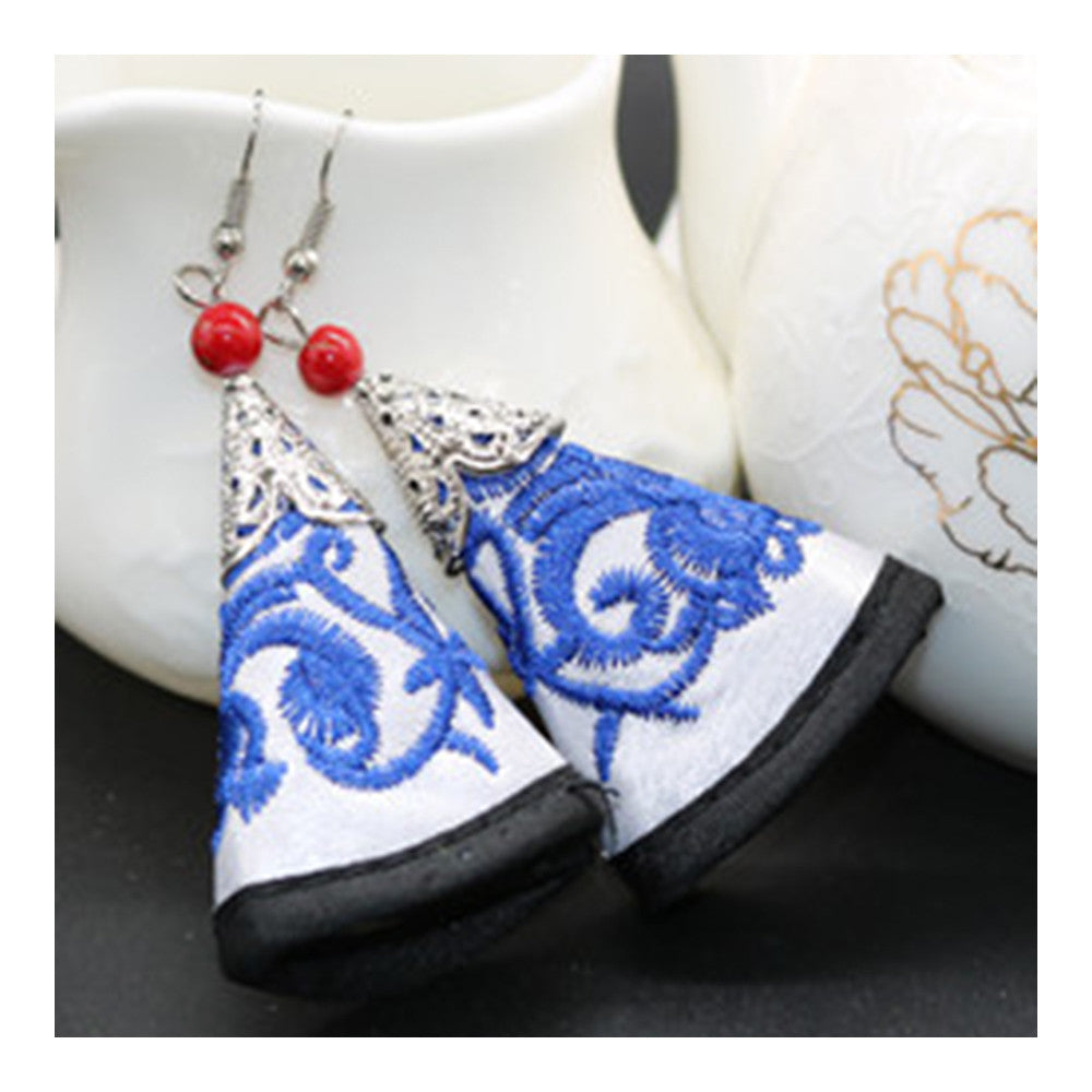 National Style Cloth Embroidery Long Earrings Stylish  white