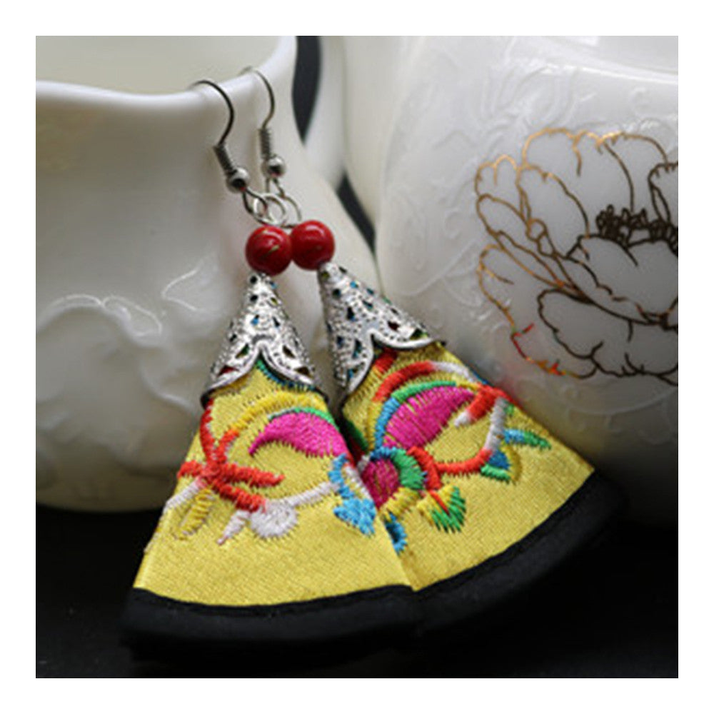 National Style Cloth Embroidery Long Earrings Stylish   yellow