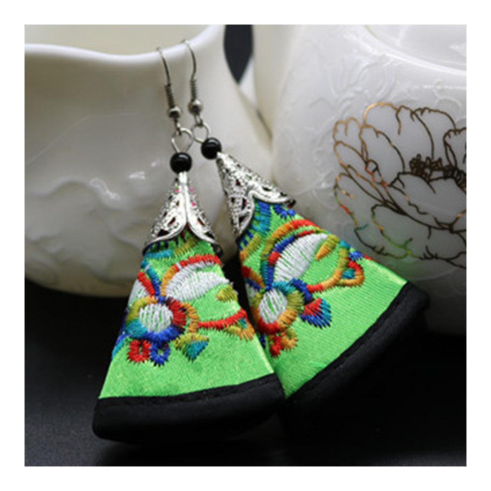 National Style Cloth Embroidery Long Earrings Stylish   green
