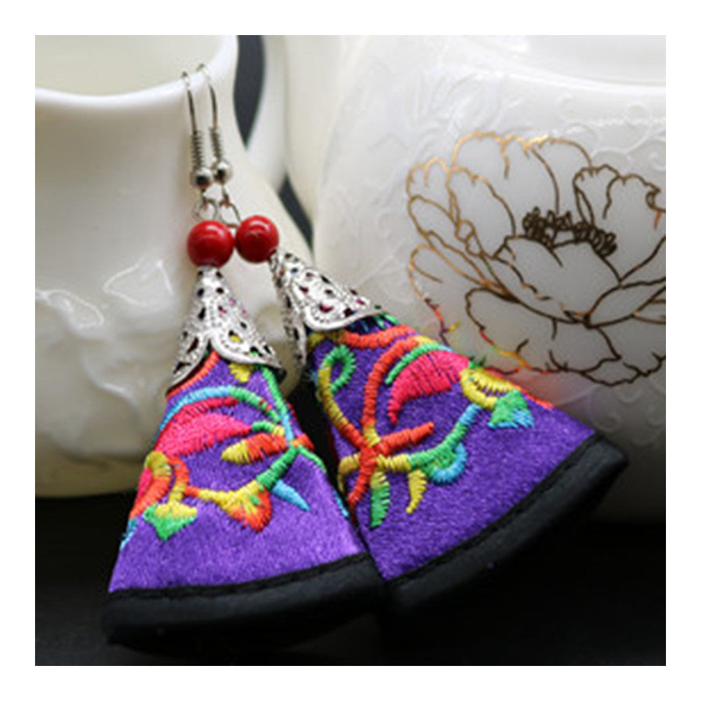 National Style Cloth Embroidery Long Earrings Stylish  purple