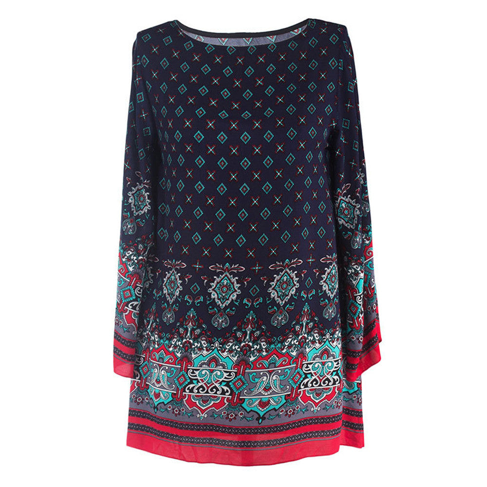 Summer Plus Size Loose National Style Dress  blue   M - Mega Save Wholesale & Retail - 1