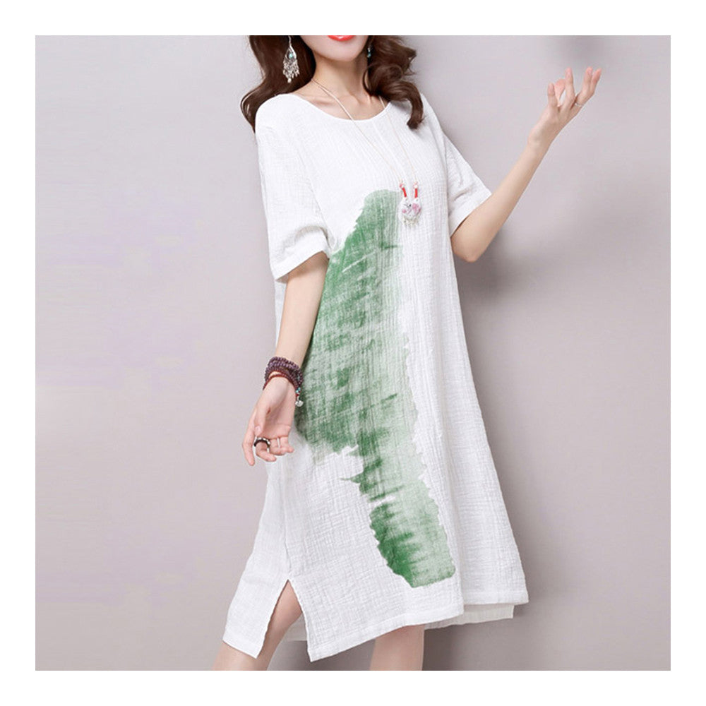 Ink and Wash Middle Long Dress Loose Plus Size   green   M - Mega Save Wholesale & Retail - 1