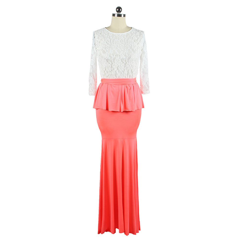 Fashionable Lace Sexy Long Dress Full Dress   watermelon red   S - Mega Save Wholesale & Retail - 1