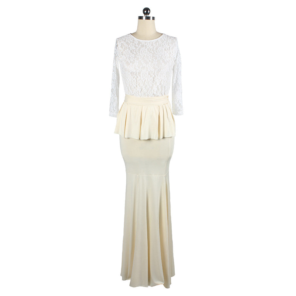 Fashionable Lace Sexy Long Dress Full Dress    beige   S - Mega Save Wholesale & Retail - 1