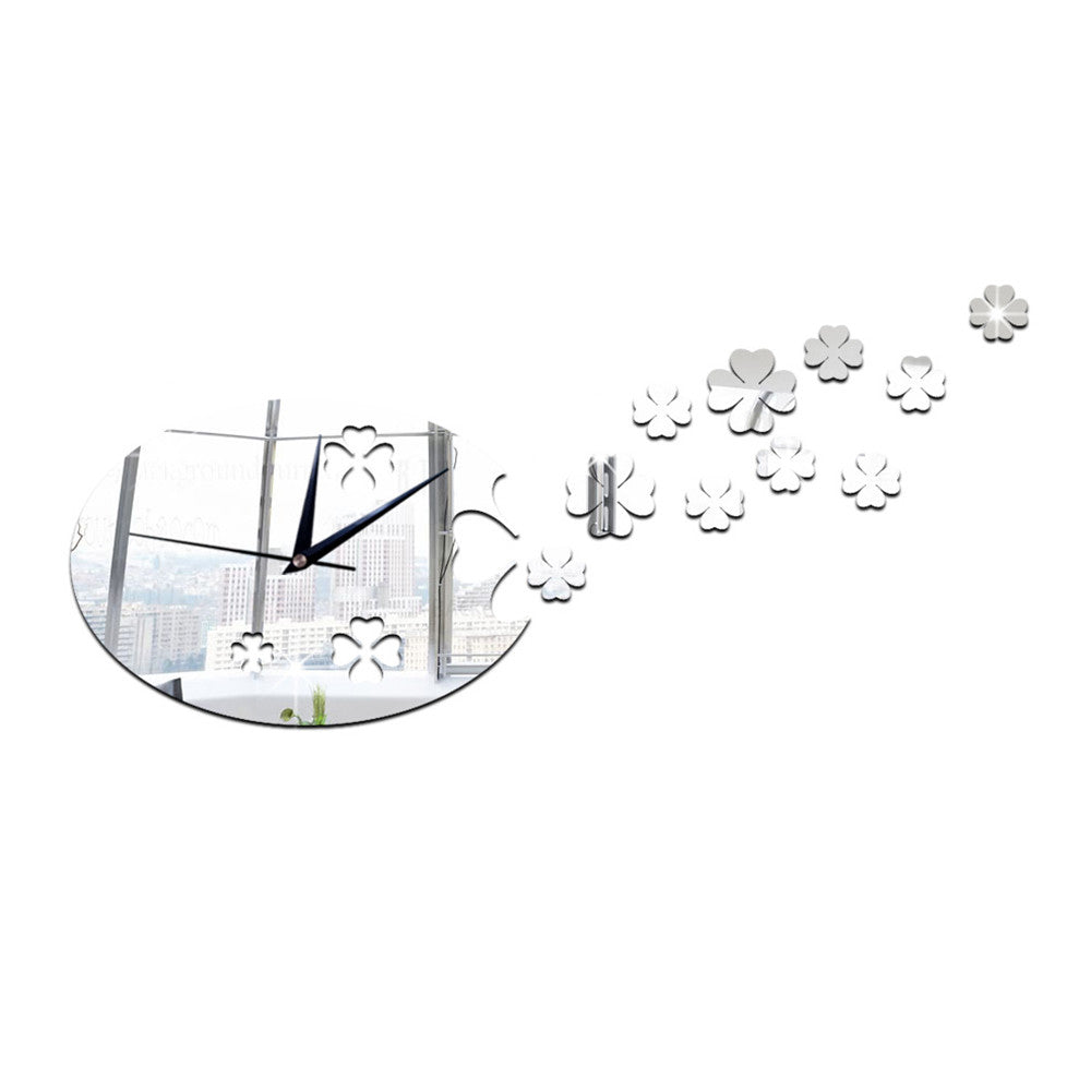 Lucky Clover Mirror Living Room Creative Wall Clock   silver - Mega Save Wholesale & Retail
