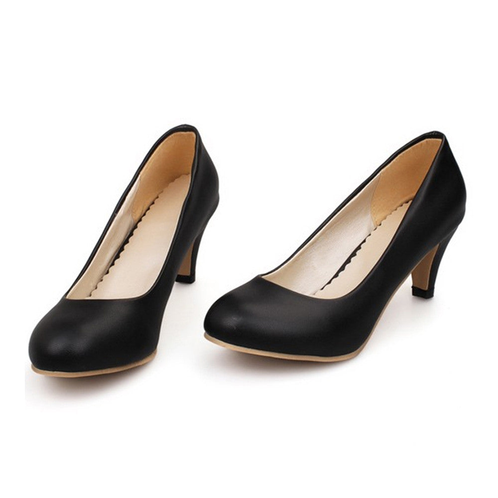 Plain Low-cut Thin Shoes Round Middle Heel Work Plus Size  black - Mega Save Wholesale & Retail - 2