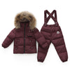 Child Thick Down Coat Racoon Fur Collar Warm Trousers   wine red  S - Mega Save Wholesale & Retail - 1