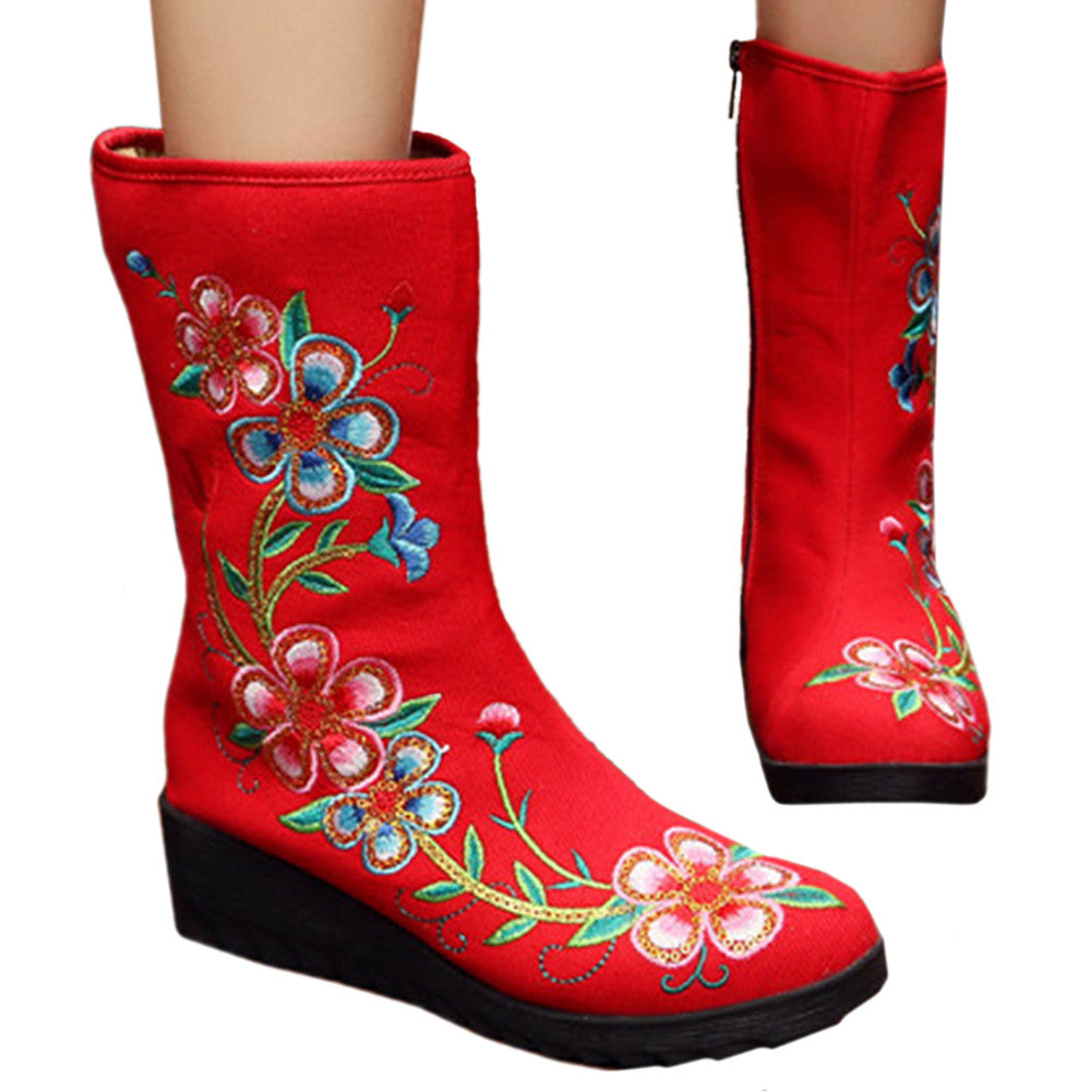 Vintage Beijing Cloth Shoes Embroidered Boots red - Mega Save Wholesale & Retail - 1