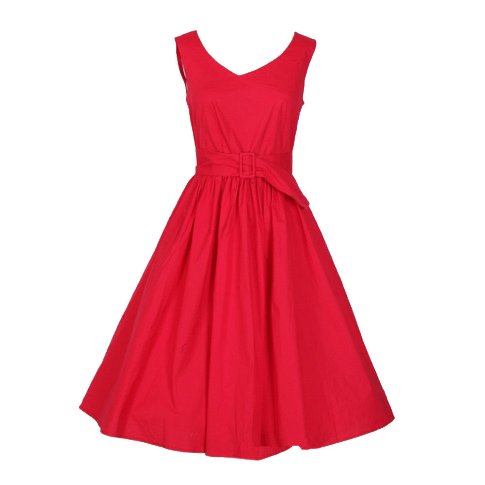 Vintage Hepburn Style Belt Solid Color Dress   rose red   S - Mega Save Wholesale & Retail - 1