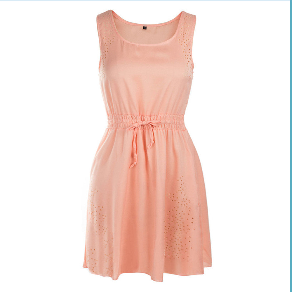 Drawstring Lace-up Dress Hollow Summer  pink   S - Mega Save Wholesale & Retail - 1