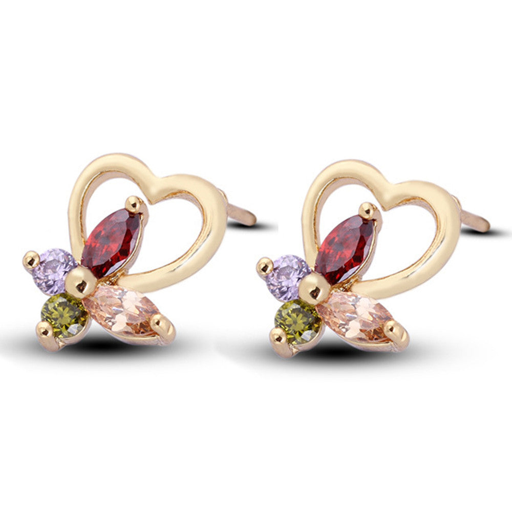 Heart Flower in Blossom Colorful Zircon Ear Studs 18K Gold Galvanized    colorful - Mega Save Wholesale & Retail - 1