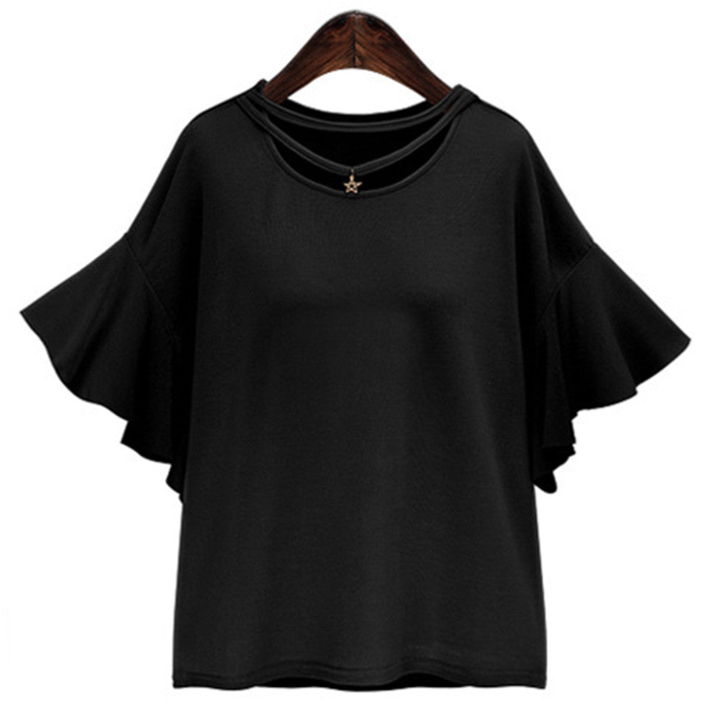 Plus Size Summer Lotus Leaf Sleeve T-shirt Halter  black   XL - Mega Save Wholesale & Retail