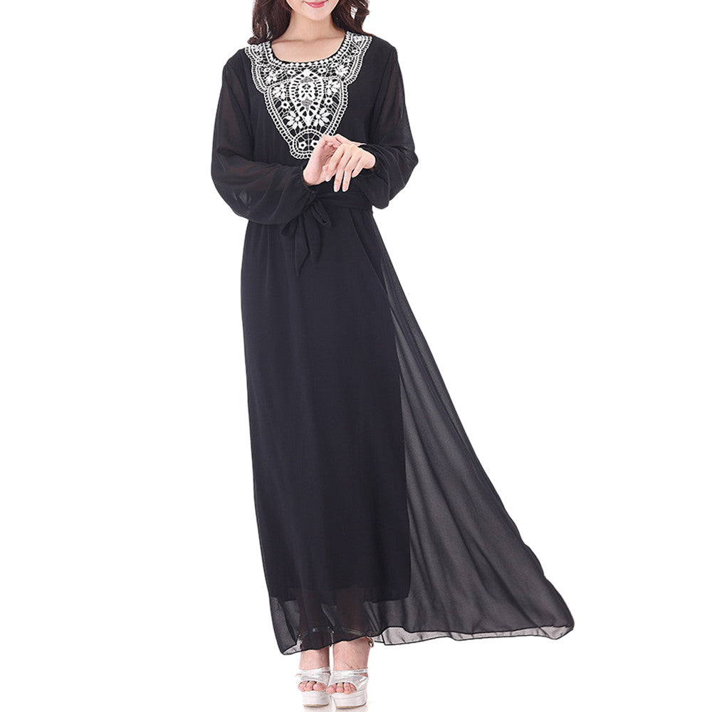 Embroidery Long Sleeve Muslim Long Dress  black - Mega Save Wholesale & Retail - 1