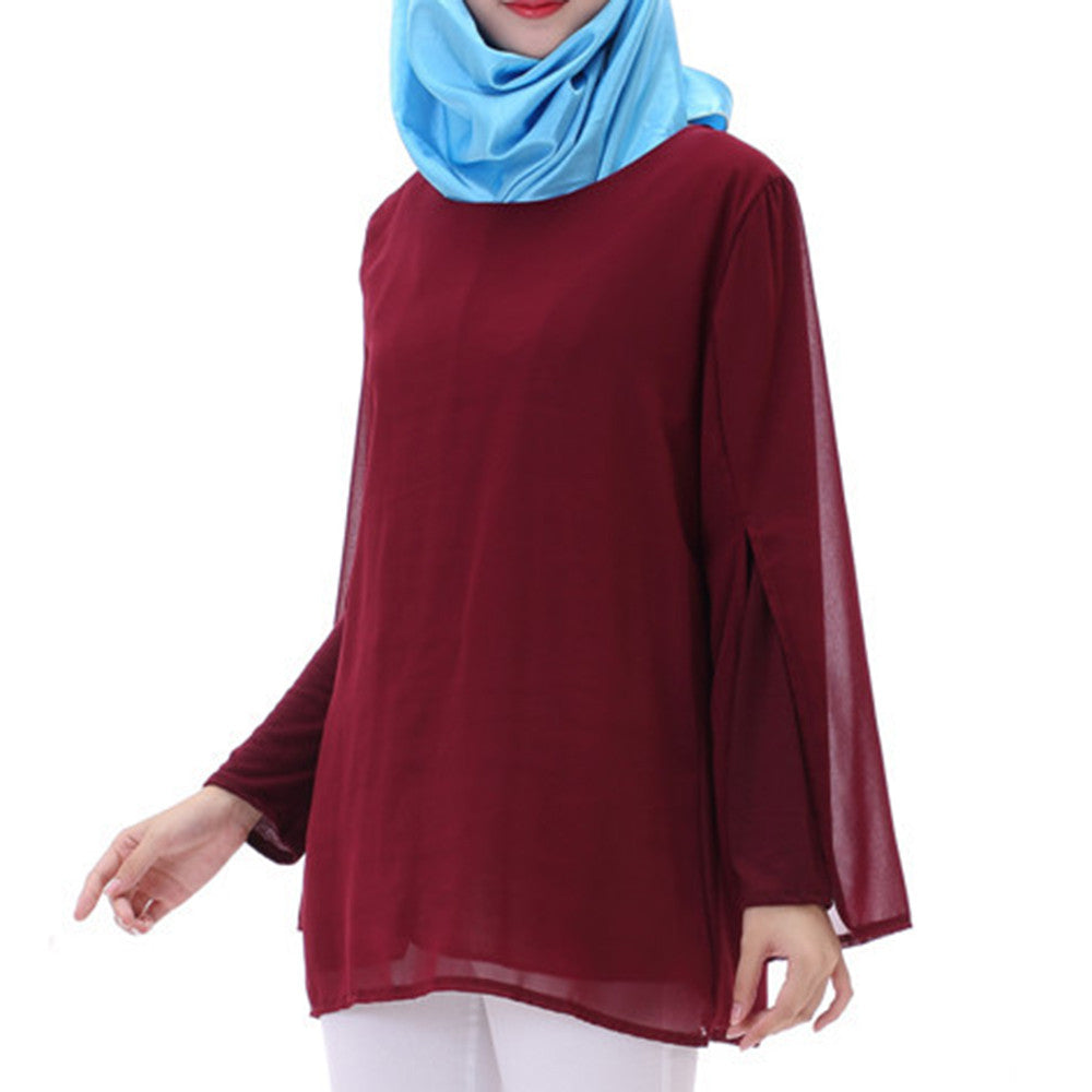 Chiffon Muslim Top Wear Fake 2pcs Suit Slit Shirt   wine red - Mega Save Wholesale & Retail - 1