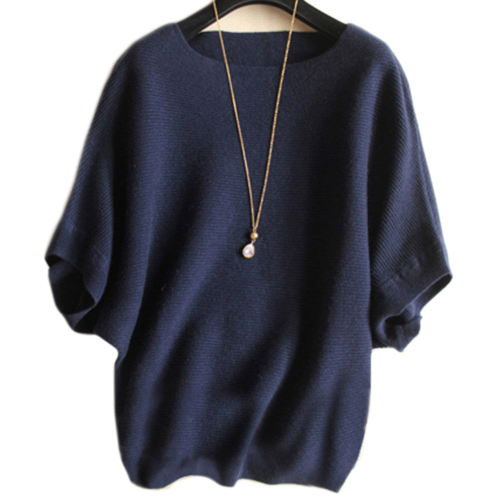 Woman Loose Wool Knitwear Sweater Boat Neck   navy   S - Mega Save Wholesale & Retail - 1