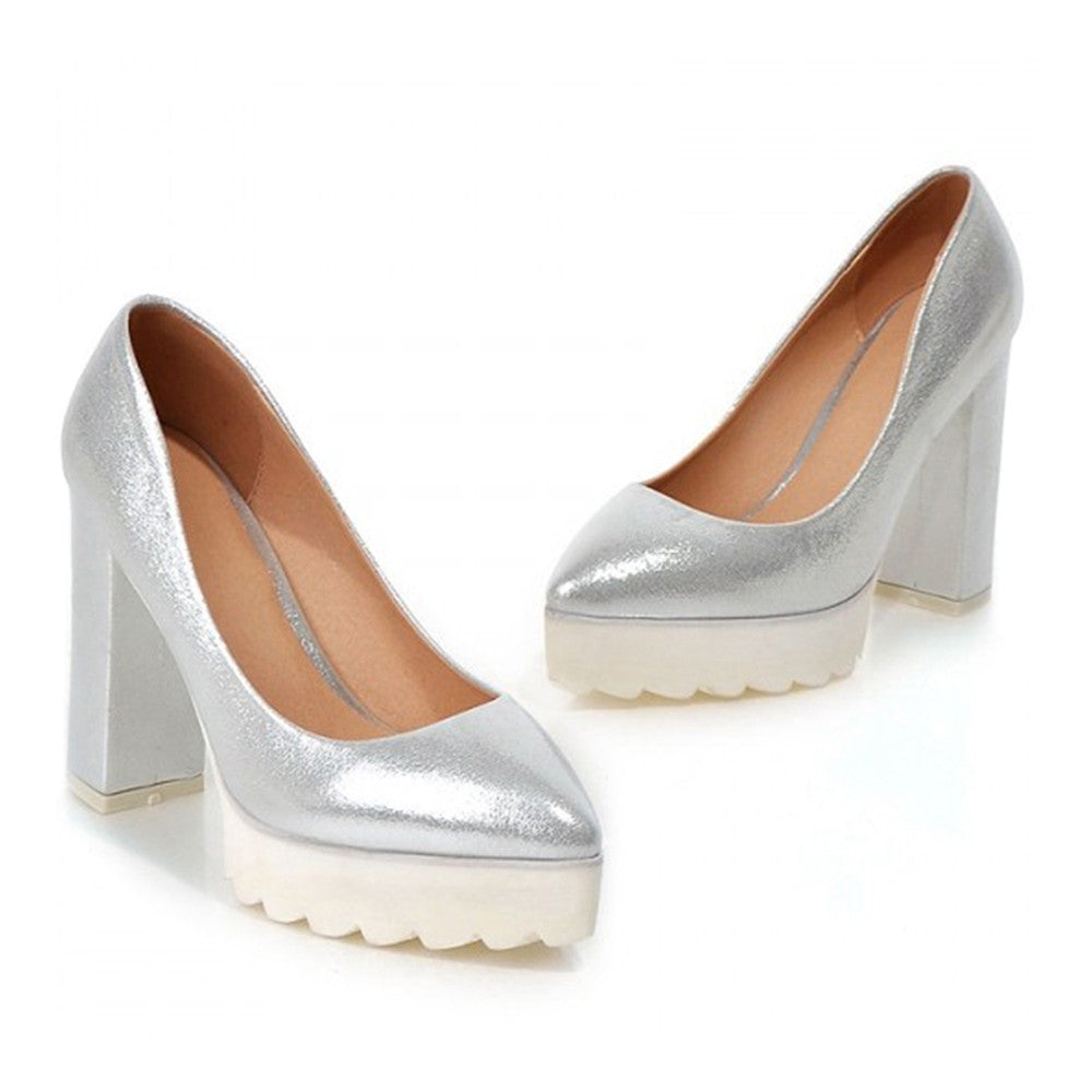 Thick Sole High Heel Thin Shoes Pointed Casual  sliver - Mega Save Wholesale & Retail - 1