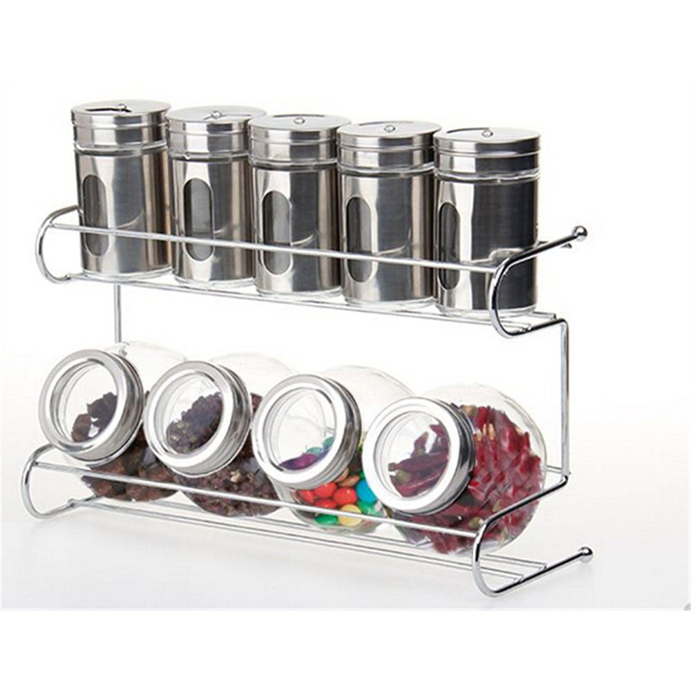 9 Canister Metal & Glass Spice Shakers Glass Jars 2 Tier Wire Rack Display   Silver - Mega Save Wholesale & Retail - 1