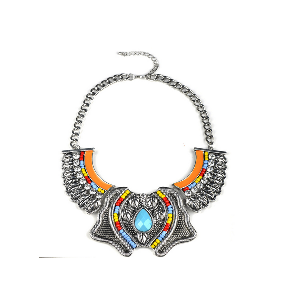 European Exaggerated Big Brand Necklace Vintage Wind Indicator Alloy Engraved Leaf Clavicle Necklace  silver - Mega Save Wholesale & Retail