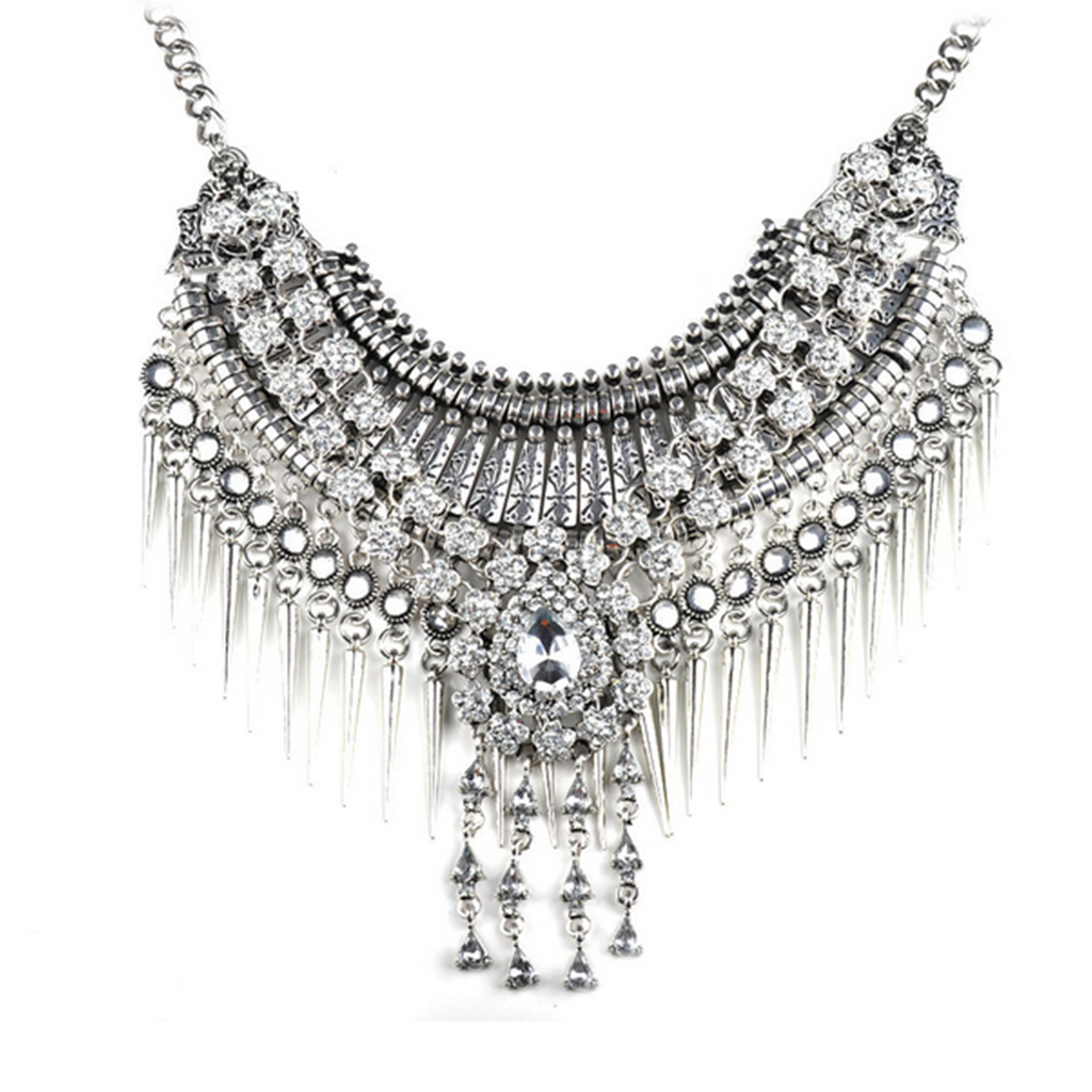 European Exaggerated Big Brand Foreign Trade Necklace Vintage Zircon Flower Tassel Two-layer Necklace Woman   old silver white zircon - Mega Save Wholesale & Retail