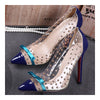 Transparent Dot Rivet Bowknot Pointed High Heel Thin Shoes   blue