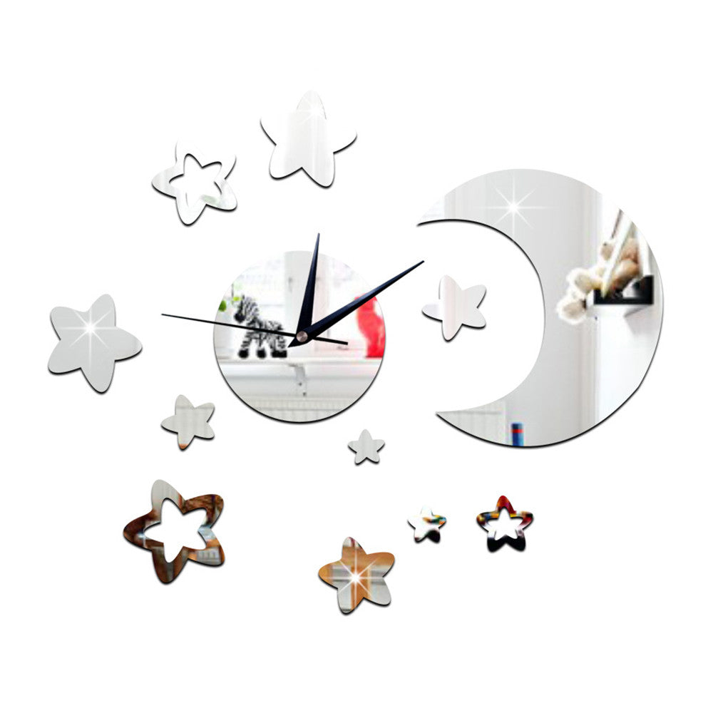 Living Room Wall Clock 3D Moon Star Mirror   silver - Mega Save Wholesale & Retail