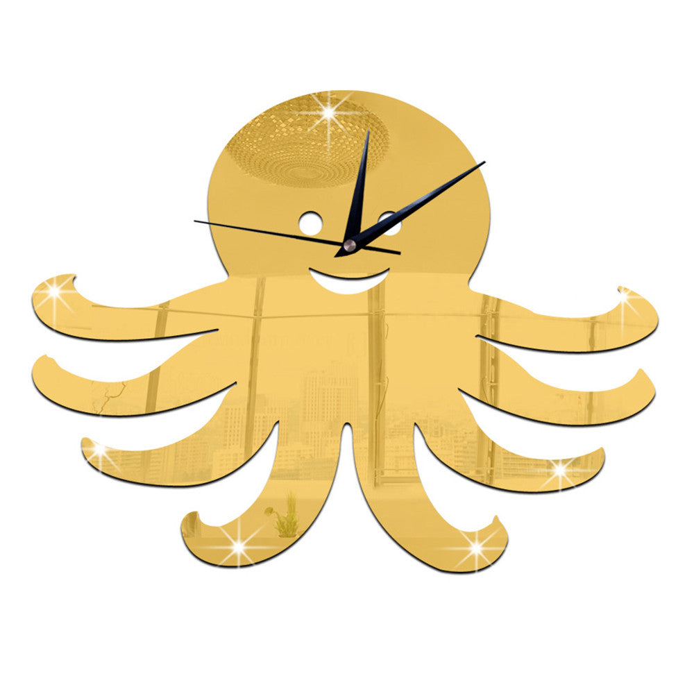 3D Decoration Kid Room Octopus Mirror Wall Clock   golden - Mega Save Wholesale & Retail