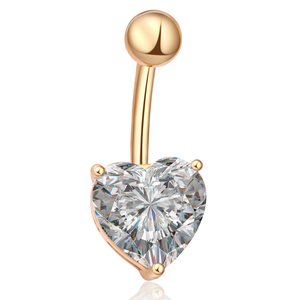 Love Heart Navel Buckle Ring Body Puncture Ornament Accessory Belly Dance  gold plated white zircon