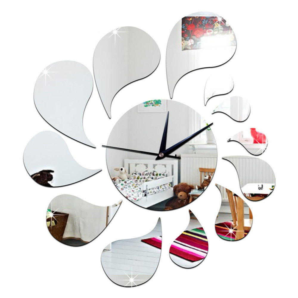 3D Water-drop Mirror Wall Clock Acrylic Sticking   silver - Mega Save Wholesale & Retail