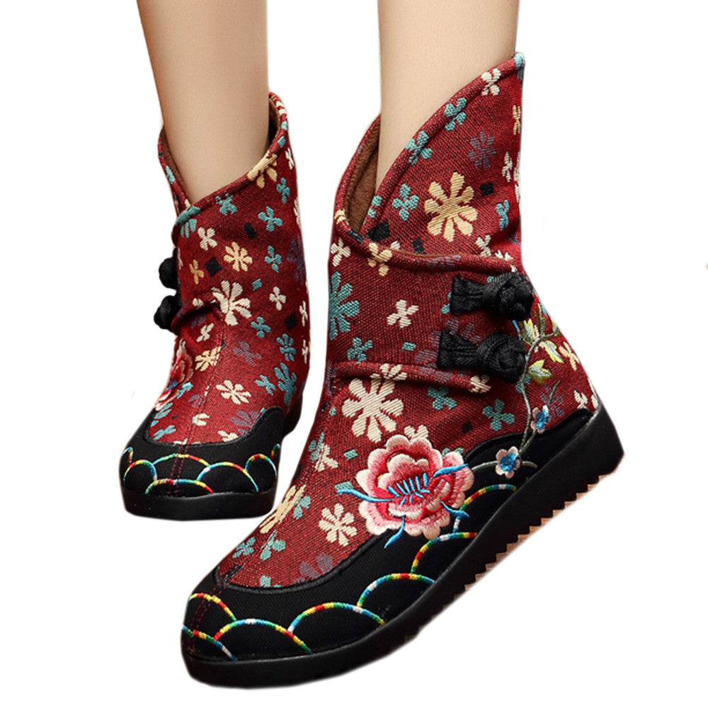 Vintage Beijing Cloth Shoes Embroidered Boots claret - Mega Save Wholesale & Retail - 1
