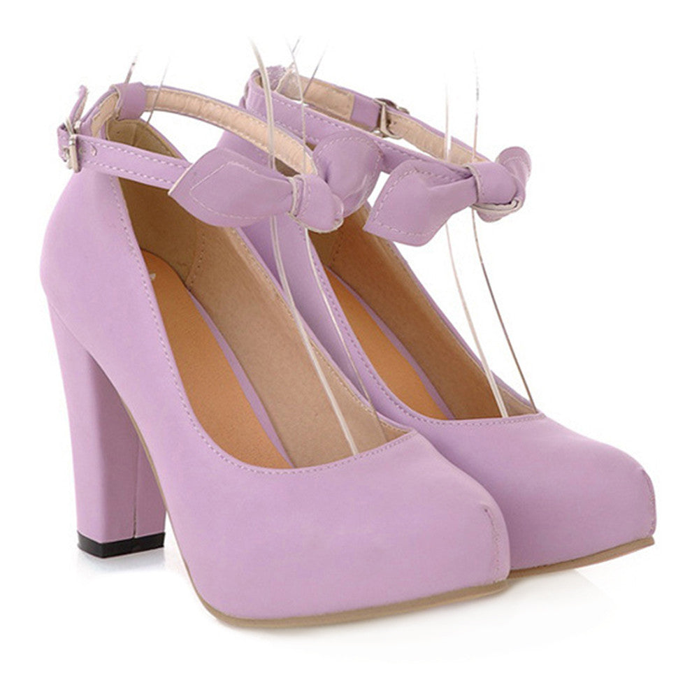 Sweet High Thick Heel Round Last Women Thin Shoes Buckle   purple - Mega Save Wholesale & Retail