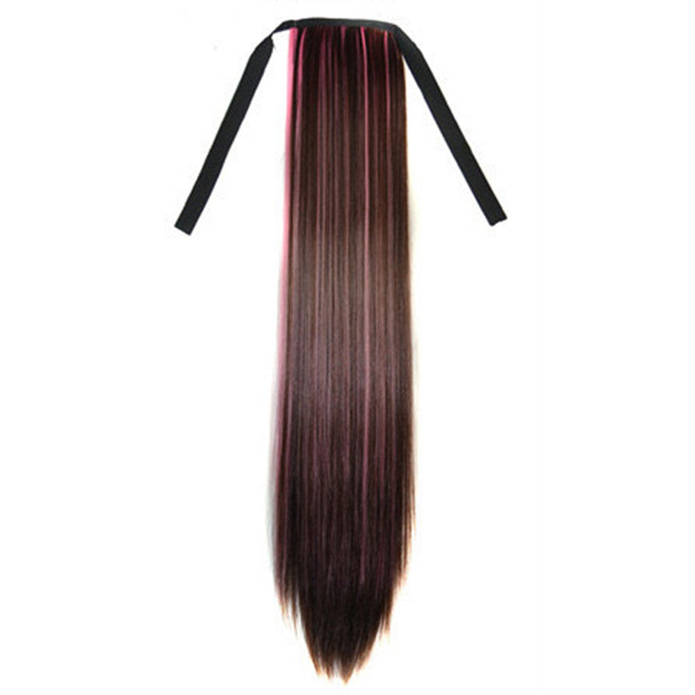 Colorful Long Straight Hair Horsetail Wig   dark brown pink 2M33HPINK2#