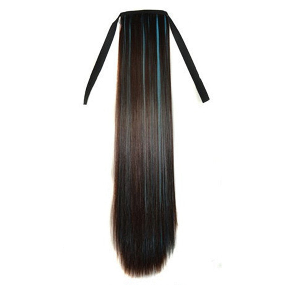 Colorful Long Straight Hair Horsetail Wig   dark brown sky blue 2M33HBLUE3#