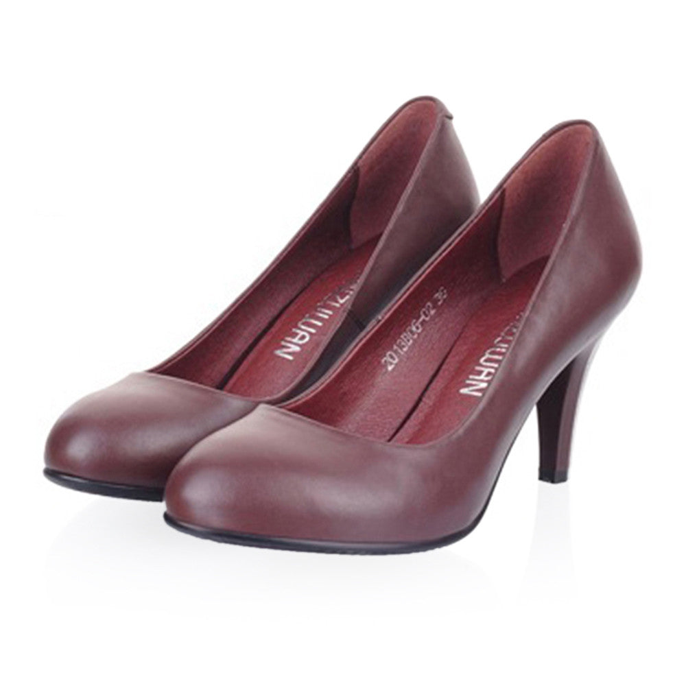 Plain Thin Shoes All-match High Heel Low-cut Round Last Plus Size  brown - Mega Save Wholesale & Retail