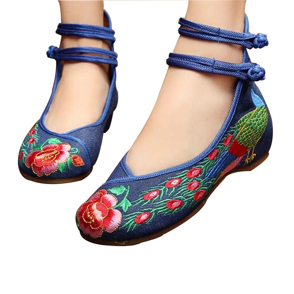 Chinese Embroidered Shoes Women Ballerina  Cotton Elevator shoes Double Pankou Blue - Mega Save Wholesale & Retail - 1