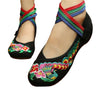 Chinese Embroidered Mary Jane Flat Ballet Cotton Loafer Black with Colorful Ankle Straps & Floral Design - Mega Save Wholesale & Retail - 1