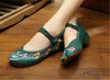 Chinese Embroidered Flat Ballet Ballerina Cotton Mary Jane Style Shoes for Women in Green Floral Design