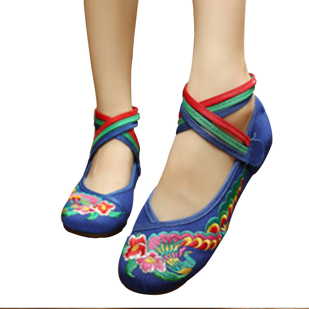 Traditional Embroidered Blue Cotton Mary Jane Chinese Shoes with Colorful Ankle Straps & Bird Design - Mega Save Wholesale & Retail - 1