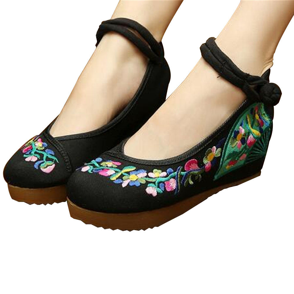 Chinese Embroidered Shoes Women Ballerina  Cotton Elevator shoes embroidered fan Black - Mega Save Wholesale & Retail - 1