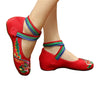 Chinese Embroidered Ballerina Red Mary Jane Shoes for women with Colorful Ankle Straps & Floral Design - Mega Save Wholesale & Retail - 1