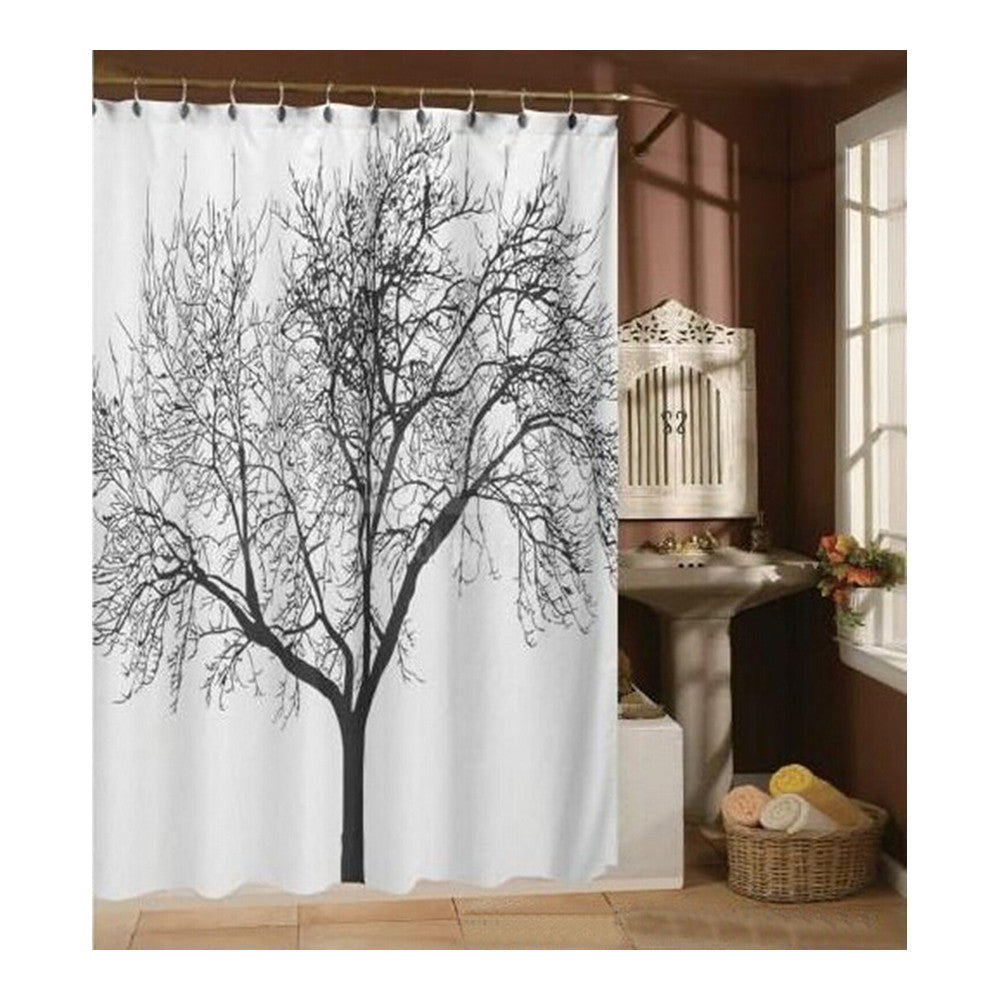 Black Tree White Fabric Bathroom Shower Curtain Polyester with 12 Hooks - Mega Save Wholesale & Retail - 1
