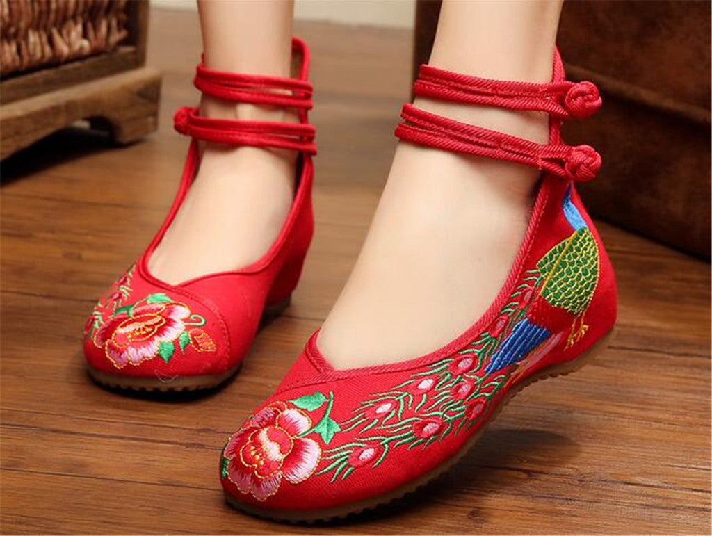Chinese Embroidered Shoes Women Ballerina  Cotton Elevator shoes Double Pankou Red - Mega Save Wholesale & Retail - 2
