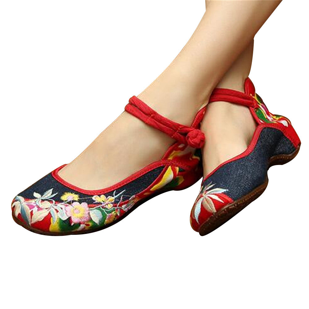 Chinese Embroidered Floral Shoes Women Ballerina Mary Jane Flat Ballet Cotton Loafer - Mega Save Wholesale & Retail - 1