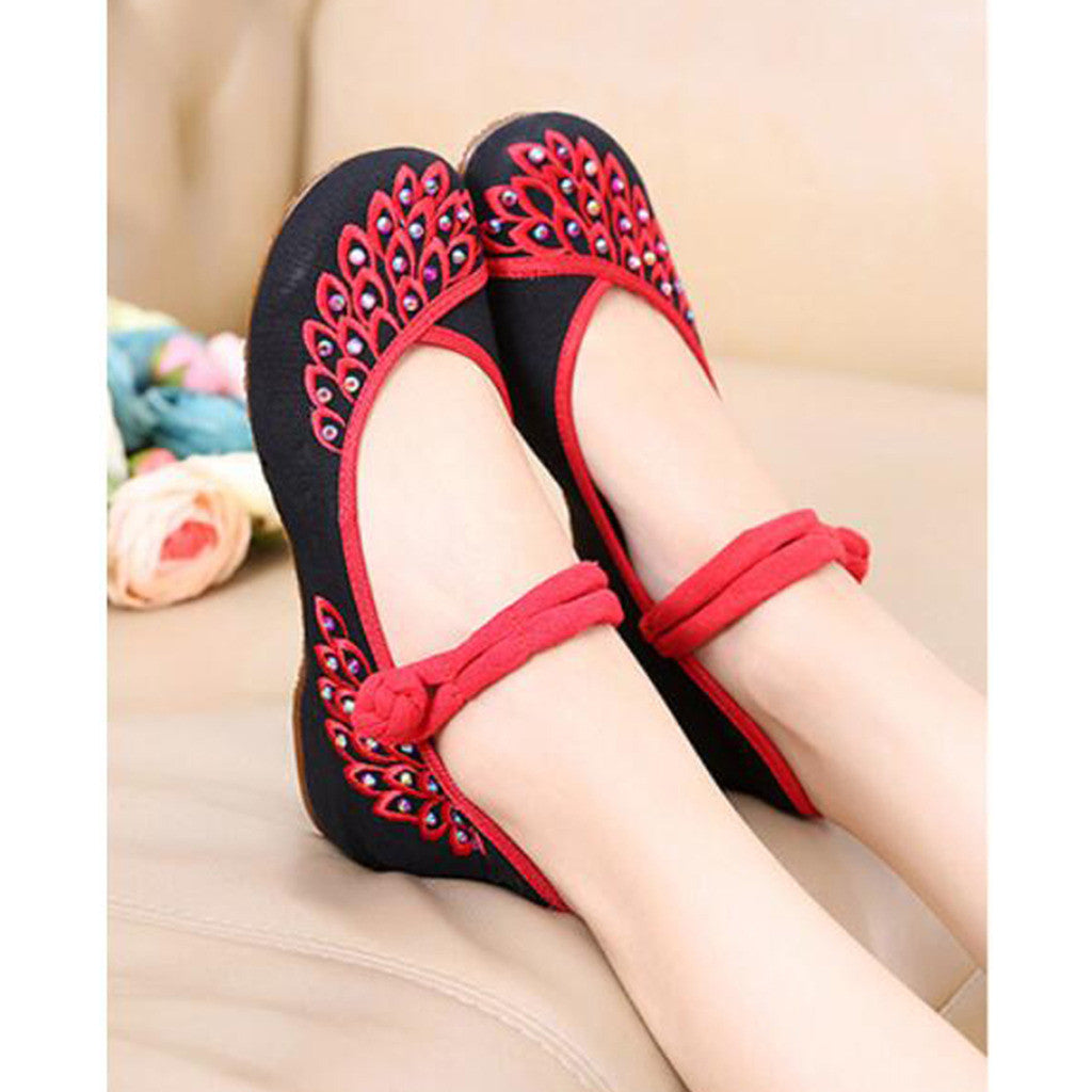 Old Beijing Cloth Shoes National Style Woman Shoes Cowhells Sole Slipsole Phoenix Tail Rhinestone Embrooidered Shoes Square Dance Shoes black - Mega Save Wholesale & Retail - 3