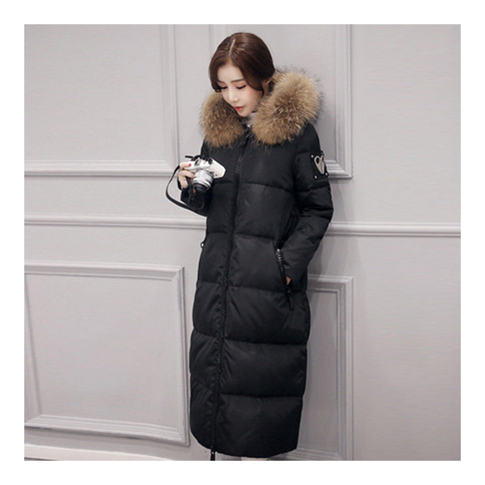 Winter Long Slim Warm Woman Down Coat Racoon Fur Collar    black   S - Mega Save Wholesale & Retail - 1